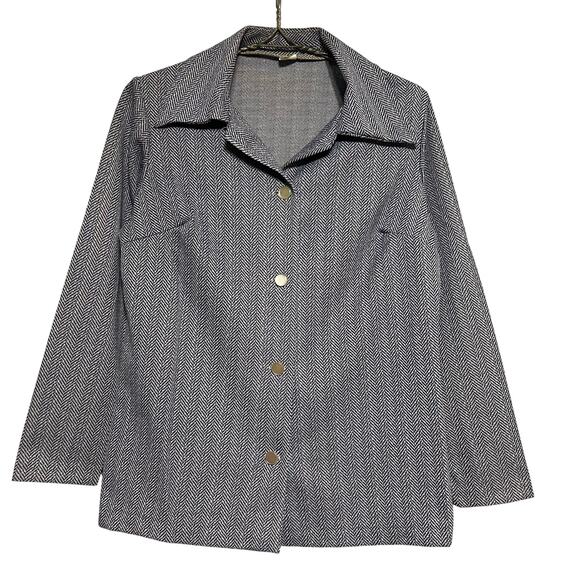 Vintage 70s Size Large Blue Herringbone Polyester Dart Collar Button Blouse Top - Picture 1 of 7